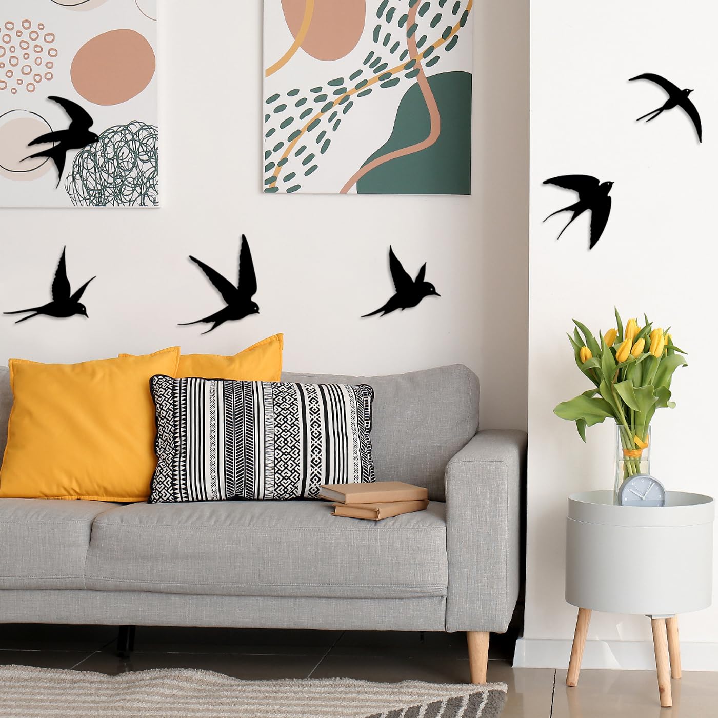 6pcs Pájaros Negros Arte de Pared de Metal Decoración Golondrina Metal Colgante Exterior Pájaro Decorativo Escultura de Pared para Casa Patio Salón Baño Jardín