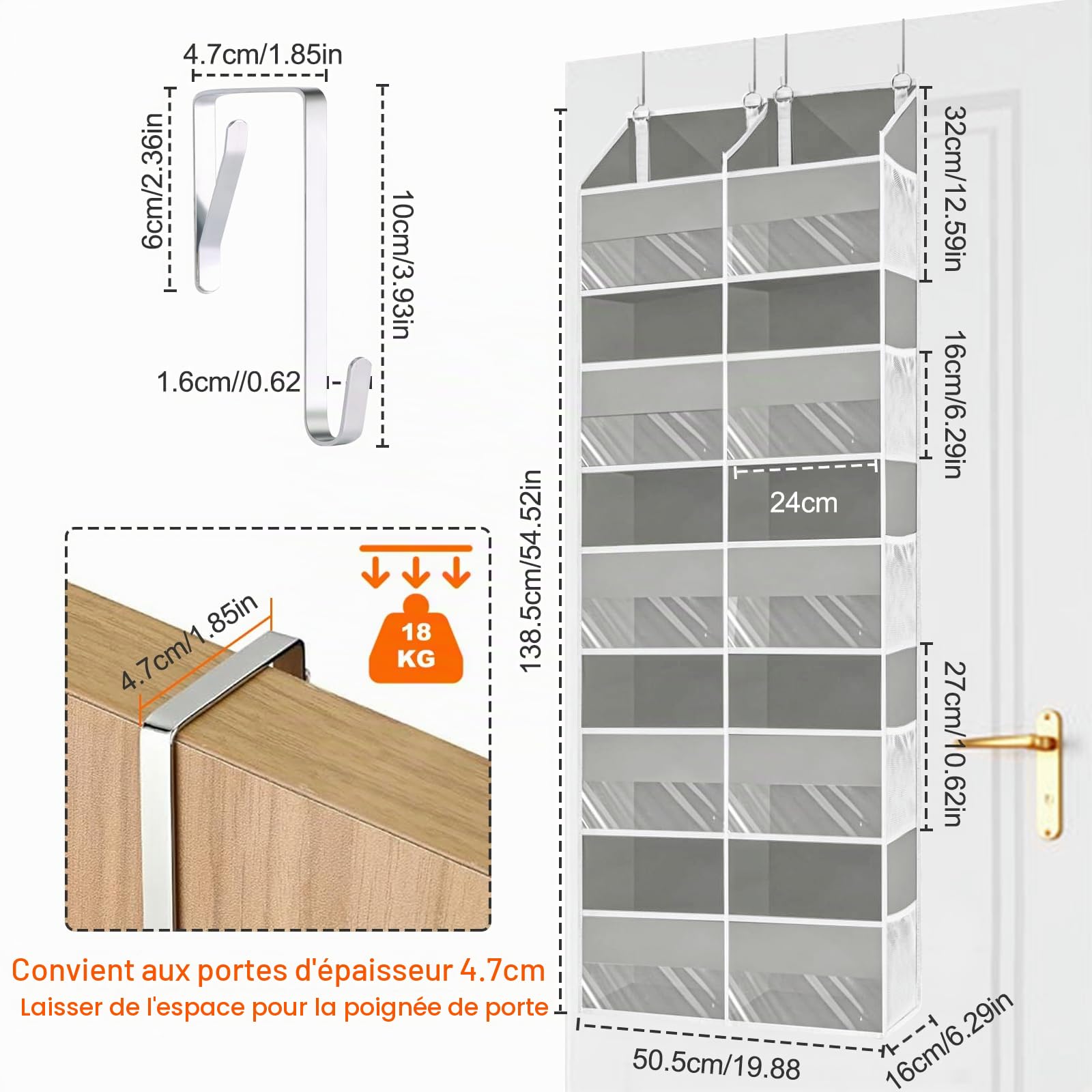 Rangement Suspendu de Porte 1 Pièce, Rangement Porte à Suspendre avec 10 Compartiments 10 Poches en Filet, Etagere Suspendue pour Chambre, Salle de Bain, Cuisine, Van, Camping, Gris