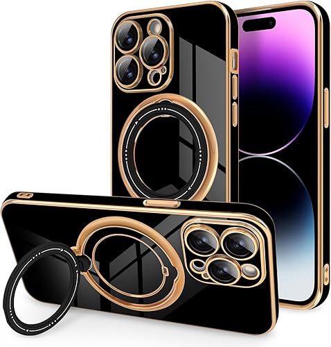 Newseego Funda para iPhone 14 Pro Max, funda de lujo con borde chapado con soporte magnético giratorio de 360 invisible para mujeres, niñas y