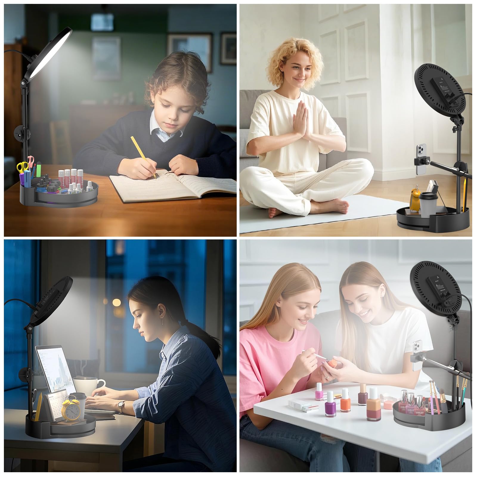Kit de luz para selfie para escritorio y portátil, anillo de luz regulable de 55 W para pantalla completa, con caja de almacenamiento giratoria, soporte para bolígrafo, soporte para teléfono y