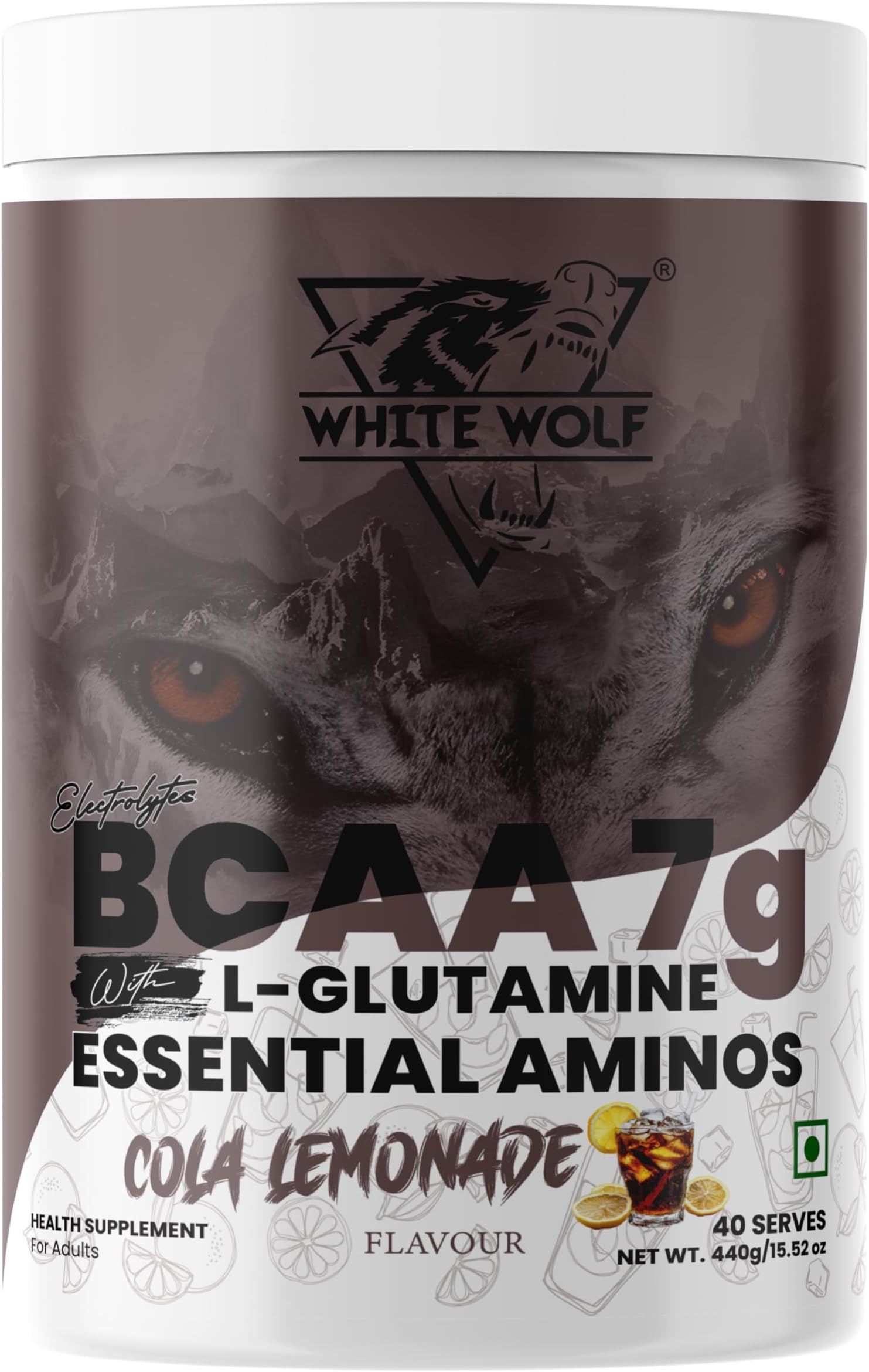 White Wolf BCAA Essential Aminos BCAA 7g with L-Glutamine | Cola Lemonade Flavour | Intra Workout Amino Powder | With Electrolytes | 40 Servings (440g)
