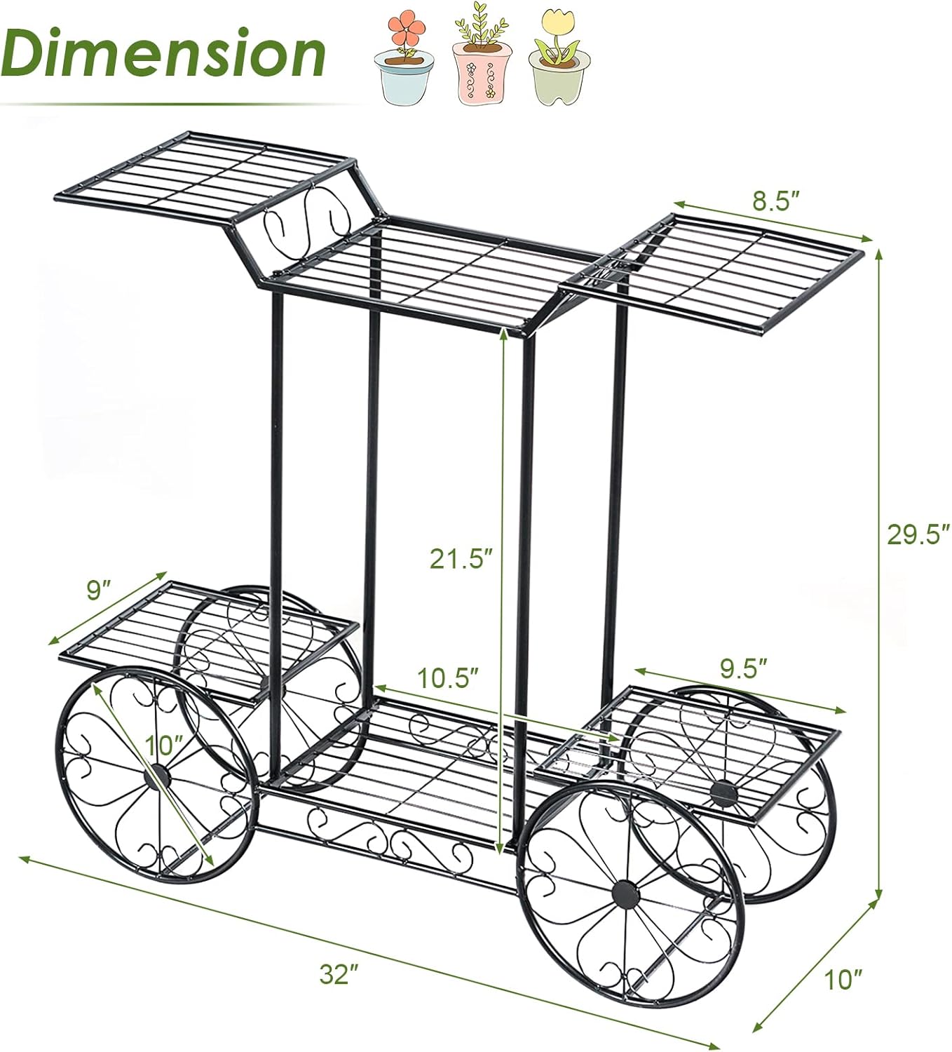 6 Tier Metal Plant Cart, Garden Cart Plant Stand w/ 4 Decorative Wheels, Parisian Style Plant Potted Rack Stand, Multilayer Flower Pot Holder Display Shelf for Home, Garden, Patio, Shop