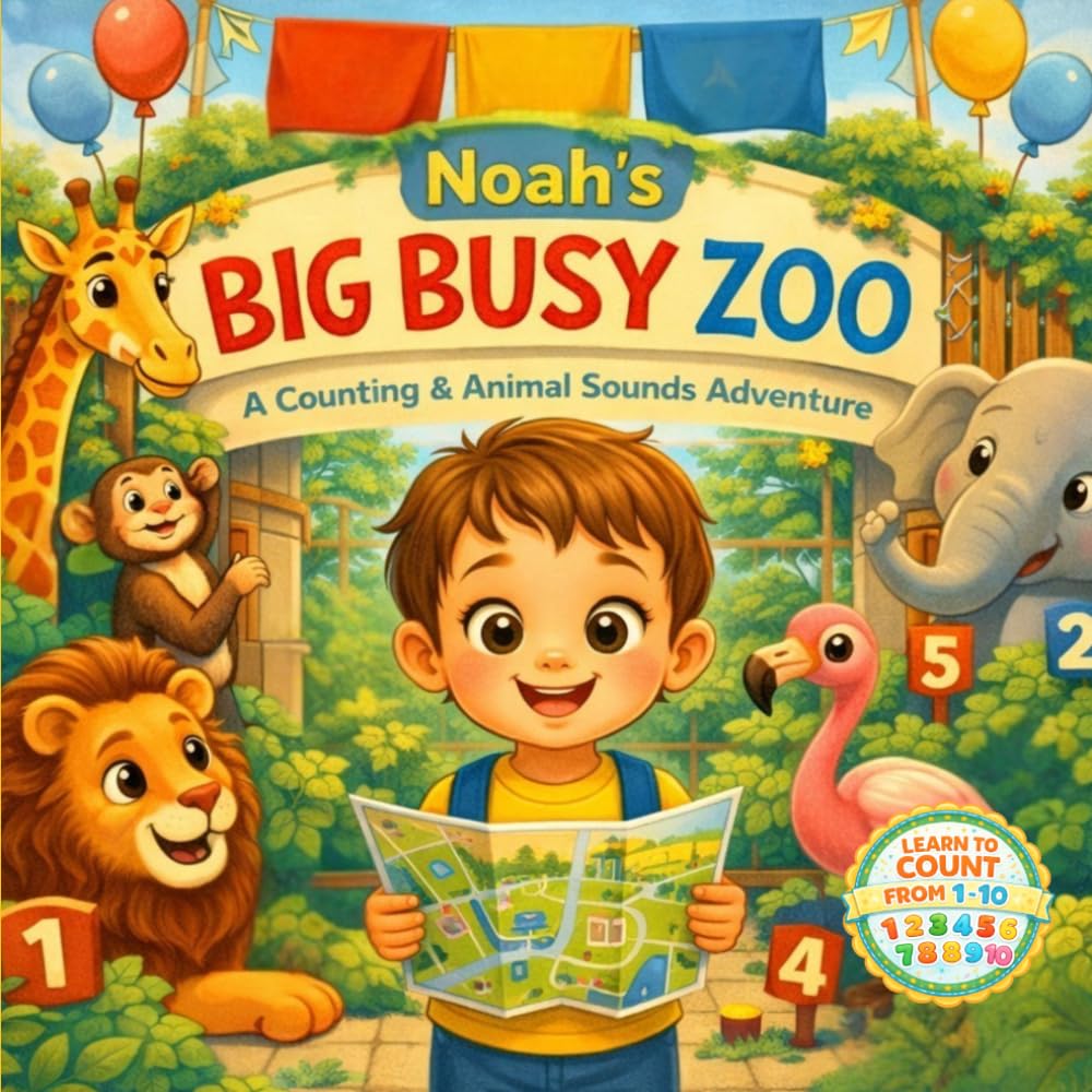 Noah’s Big Busy Zoo: A Personalized Book for Noah – Cute Zoo Animal Counting Adventure (Three Hearts Personalized Baby Book Series (NOAH))