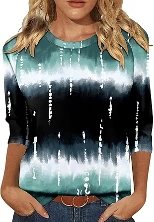 KISSMODA Tunic Tops for Women Loose Fit Dressy Round Neck Pleated 3/4 Length Sleeve Spring Tops