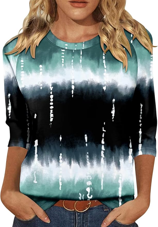 KISSMODA Tunic Tops for Women Loose Fit Dressy Round Neck Pleated 3/4 Length Sleeve Spring Tops