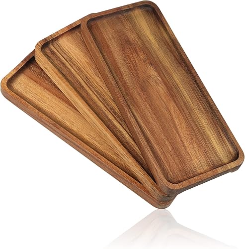 Bandeja de madera para servir, 11.8 x 5.1 pulgadas, juego de 3, bandeja de madera de acacia, perfecta para servir embutidos, postres, salsas, sushi,