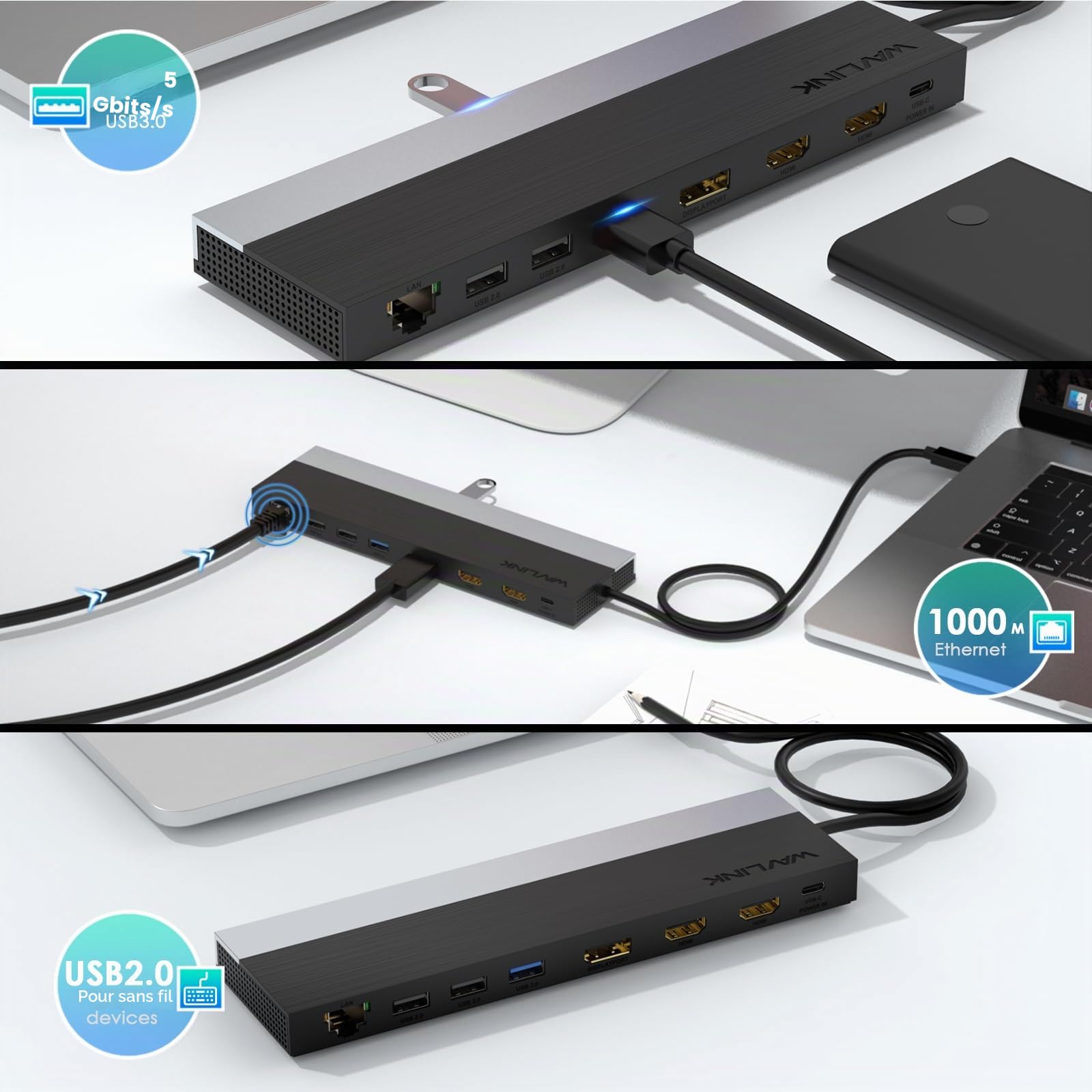 WAVLINK Station d'accueil USB C pour 3 moniteurs, avec Double HDMI, DP, 100 W PD, USB3.0&2.0, RJ45, emplacements SD/TF, Audio/Microphone, Compatible Uniquement avec Les Ordinateurs Windows