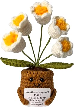 Emotional Support Crochet Flower in Pot,Uplifting Handmade Knitted Plush Plant with Positive Affirmation Card,Cheerful Gift for Office Desk Decor,Home,CarWhite Lily of The Valley