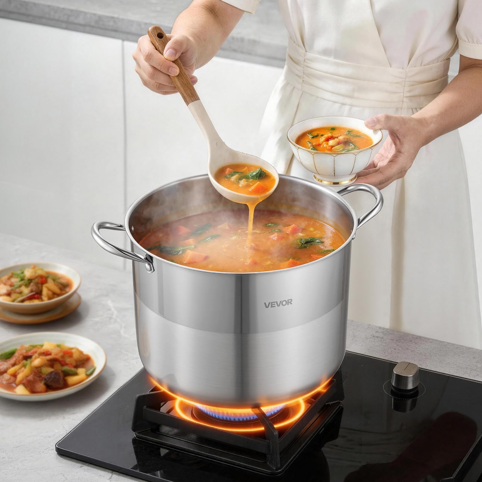 VEVOR Pentola in Acciaio Inox da 15,1 Litri, Casseruola in Acciaio Inox Ø 320x240 mm con Coperchio in Vetro per Cottura da Cucina Brodo, Pasta, Zuppa, Catering Ristorante, Piani Cottura a Gas