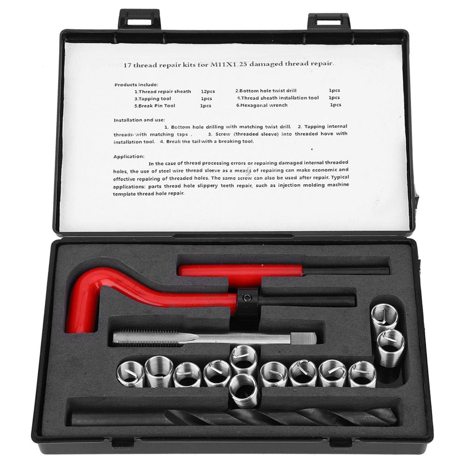 Heli Coil, Coil Master Kit, 17 piezas de inserciones de rosca M11x1.25 Kit de surtido de accesorios de reparación de rosca hembra
