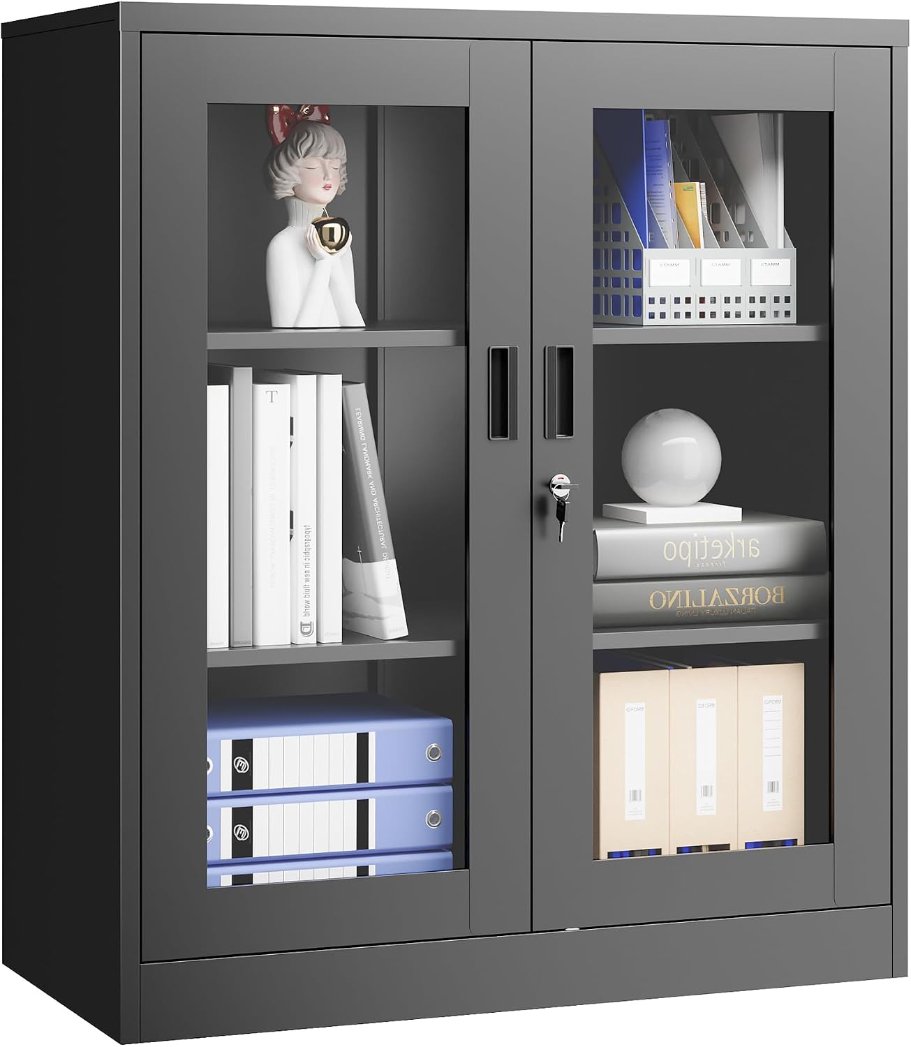 PEUKC Storage Cabinet with 2 Adjustable Shelves, 35.4 Inches Metal Curio Display Cabinet with 2 Acrylic Doors, Locking Glass Display Case for Home, Office, Pantry, Assemble Required (Black)