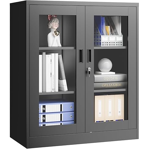 Display Cabinet with Acrylic Doors, 35.4 Inches Metal Curio Storage Cabinet with 2 Adjustable Shelves, Locking Display Case for Home, Office, Clinic, Pantry, Assemble Required (Black)