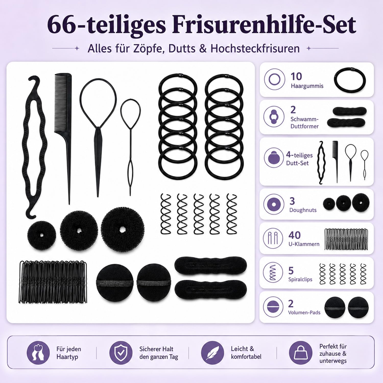66-teiliges Frisurenhilfe Set, Flechthilfe Haare,Hochsteckfrisuren Zubehör, DIY Haarstyling Set für Zöpfe Dutt und Pferdeschwanz, inkl. Duttkissen, Haarnadeln, Schwarz