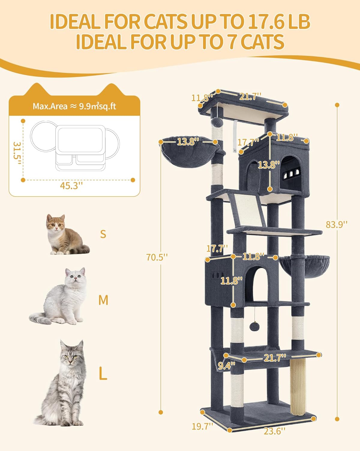 Hzuaneri Large Sturdy Cat Tree Tower, 84 Inch Tall Pet Condo for 7 Large Cats, Cat Tree Indoor Climbing Activity Tower, 2 Large Platform/2 Cave/2 Hanging Basket/5 Scratching Post, Dark Grey MS21318SG