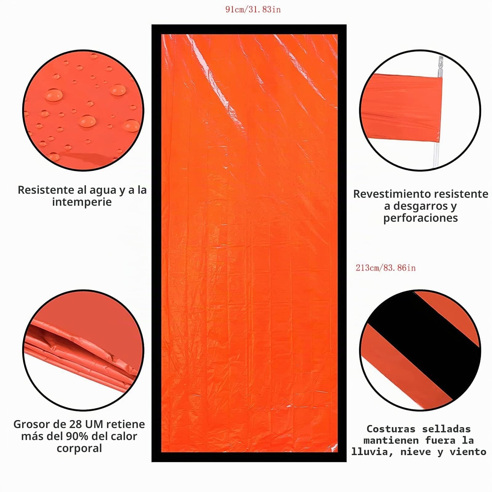 HONYAO Saco de Dormir Emergencia, Mantas Termica de Aluminio, Supervivencia Bivy para Vivac, Cámping, Excursionismo, Trekking (Naranja con Silbar#2)