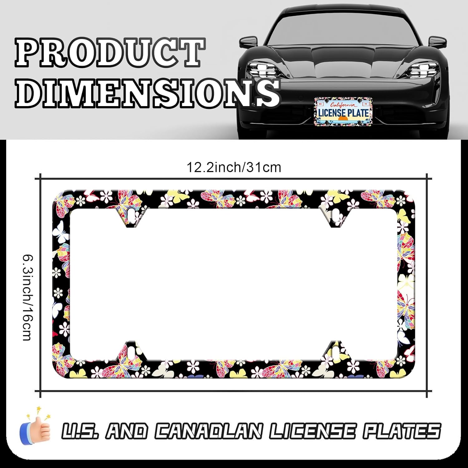 HCSS Colorful Butterfly Pattern License Plate Frames - 2 Pack Cute Butterfly Aluminum Metal License Plate Holder,Rust-Proof Waterproof Car Decorative Tag Frames for Standard US 12x6 Inch - Image 2