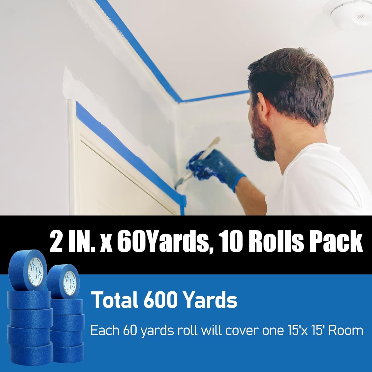 10 Rolls Painters Tape 2 inch Wide, General Purpose Blue Painters Tape, 2 Inches X 60 Yards Blue Masking Tape for Indoor and Outdoor Use, Protects Surfaces and Removes Easily, 600 Yards in Total