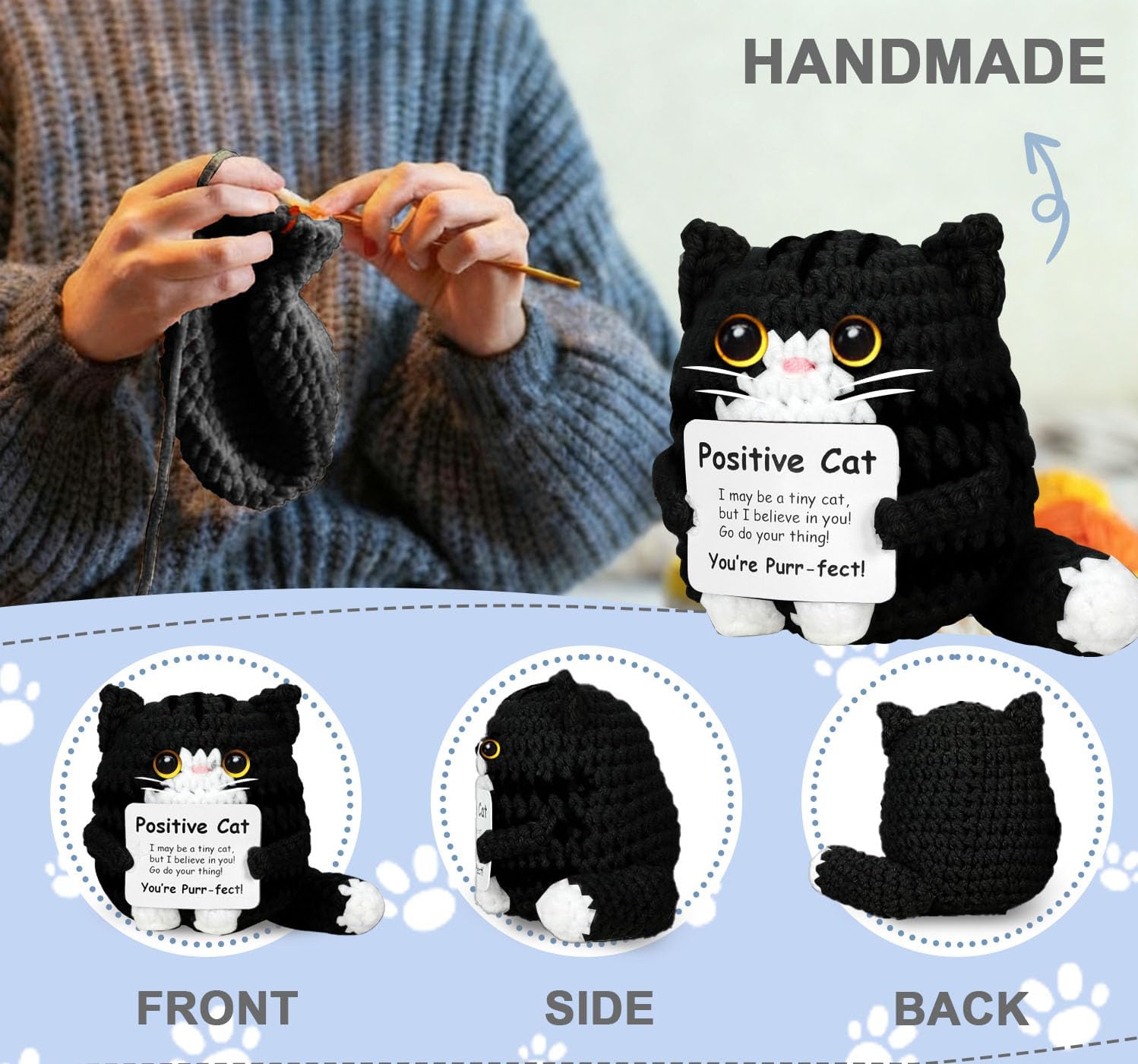 Positive Crochet Cat Animal Emotional Support Crochet Cat Handmade Crochet Animals Lover Gifts for Women Men,Handmade Funny Mini Birthday Cute Cat Decor Mom Grandma Daughter Son Friends