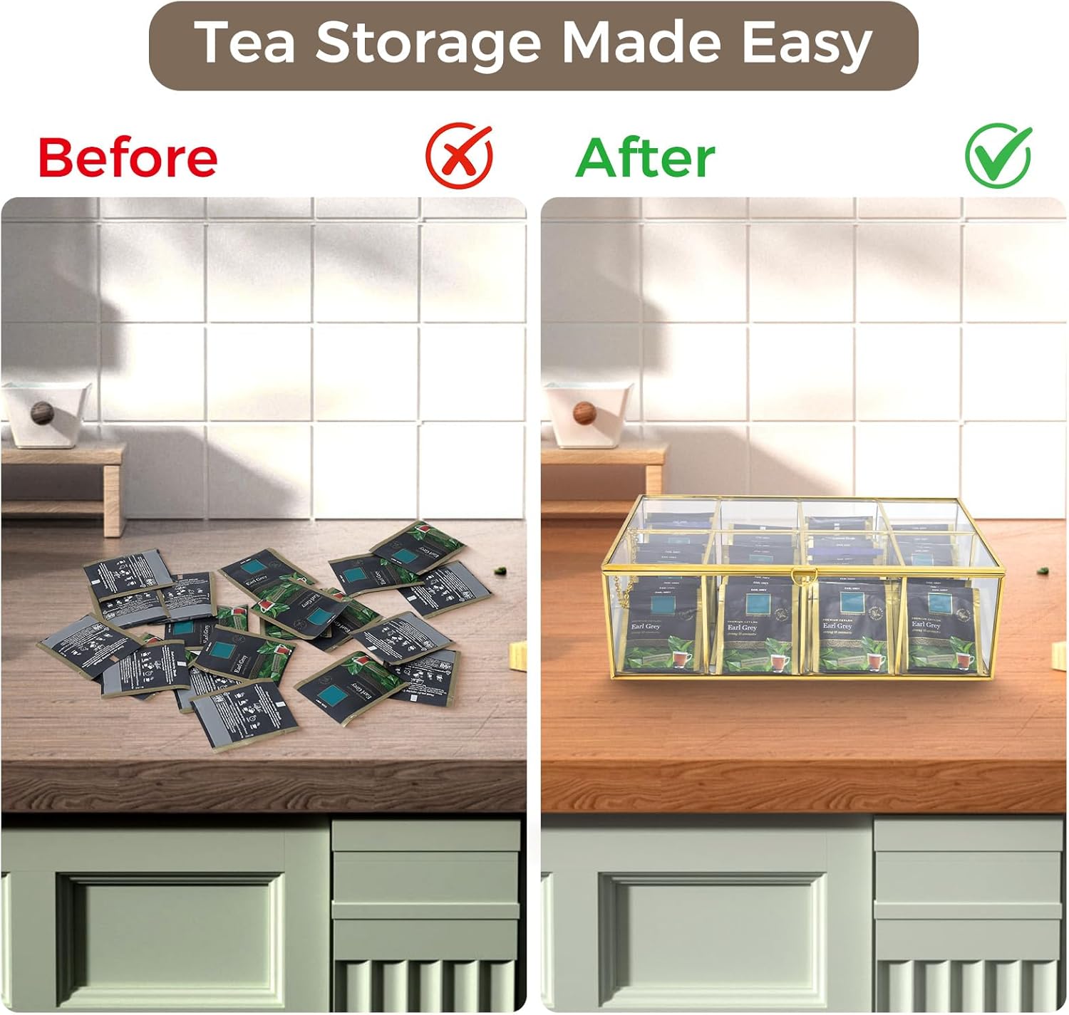 HighFree Gold Glass Tea Bag Organizer, Clear Storage Glass Box with Lid, Counter Top Collection Box for Tea, Surgar & Coffee Bags (8 Compartments)