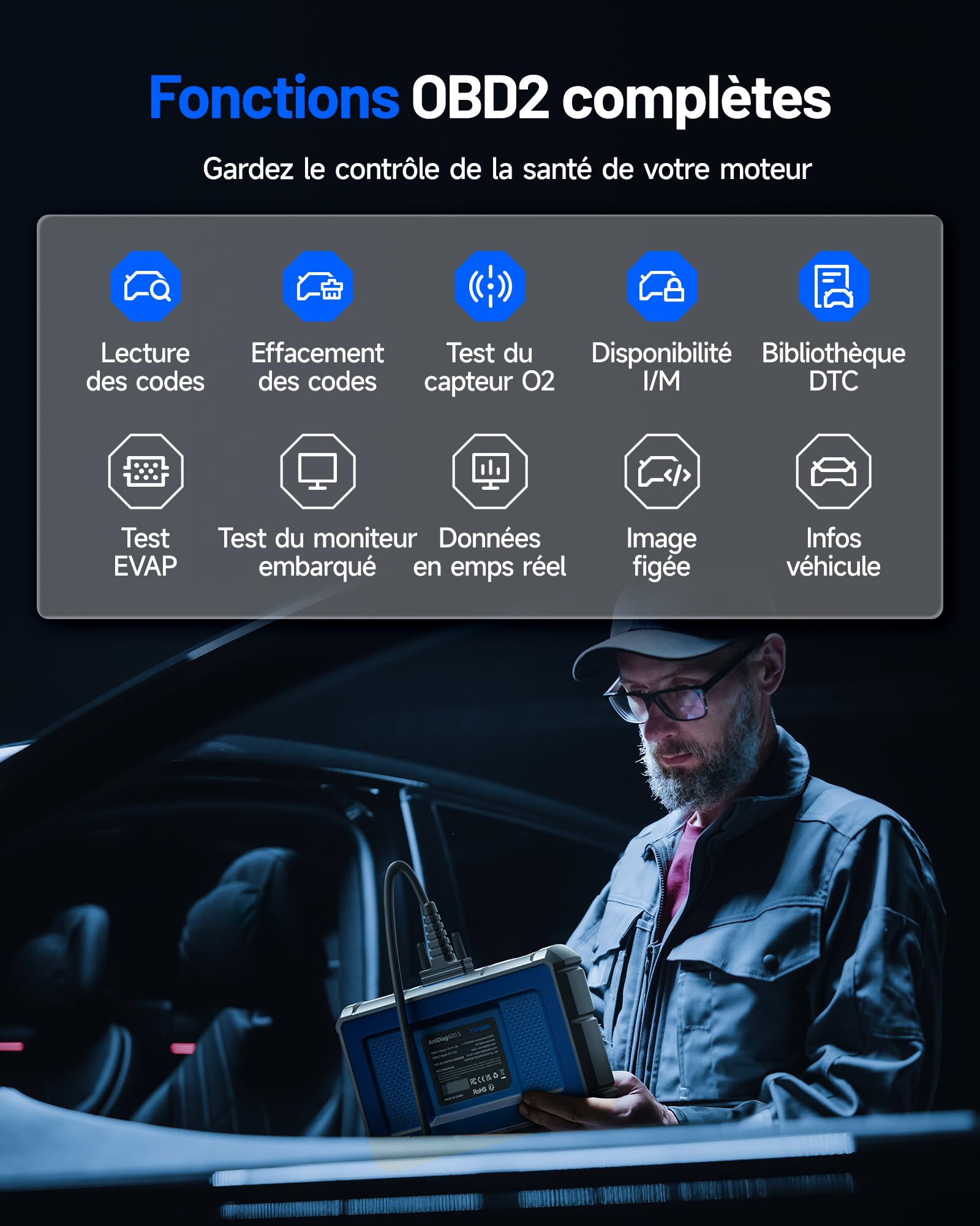 TOPDON ArtiDiag600S Valise Diagnostic Auto OBD2, Outil Diagnostic Voiture pour 4 Systèmes, 9 Fonctions de Réinitialisation sur Huile/Frein/SAS/BMS/ABS/DPF/TPMS/Accélérateur, Fonctions OBD2 Complètes
