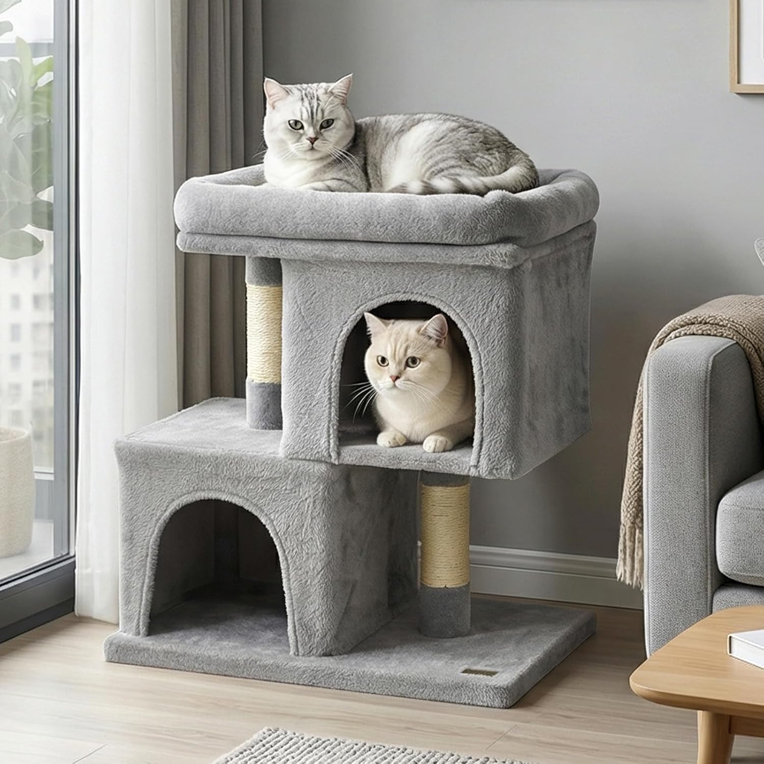 PETSITE 25.5-inch Small Cat Tree, Modern Multi-Level Cat Tower with 2 Comfy Condos, Sisal Scratching Posts, Large Plush Top Perch, and Anti-Tipping Kits, Ideal for Indoor Cats and Kittens (Grey)
