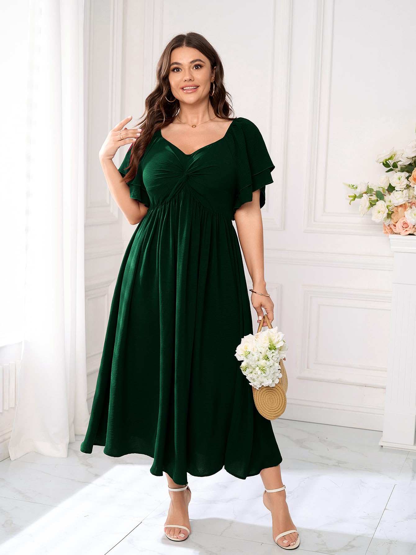 SCOMCHIC Damenkleid in Übergröße, Kleid für Hochzeitsgäste, Cocktailkleider, Sweetheart-Ausschnitt, Rüschenärmel, A-Linie, Maxikleid