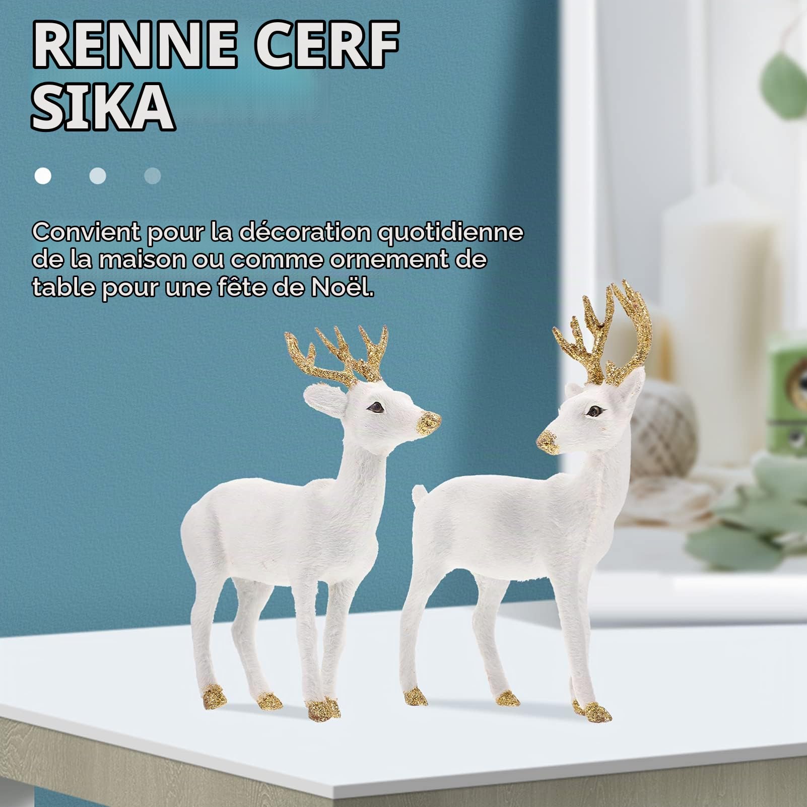 YARNOW 2 Pièces Ornements Cerf De Simulation Blanc Figurines De Cerf Sika Décoration Maison Bureau Noël Décorations Table Salon Cadeau Festif