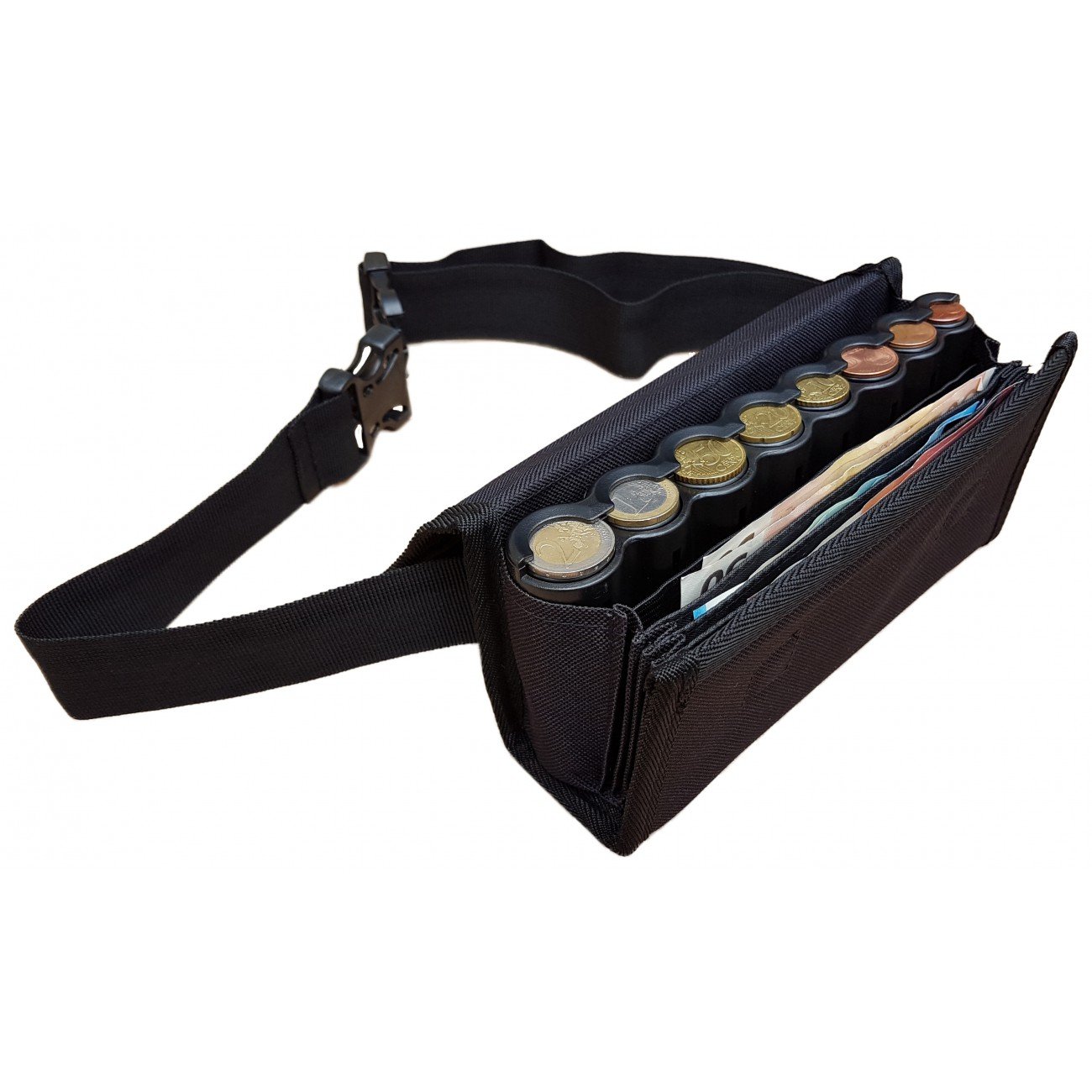 Riñonera de Camarero de Lona Negra, Monedero de Camarero, Cartera, Billetero, Incluido Dispensador/Distribuidor/Clasificador para Las 8 Monedas de Euros, Cierre Magnético (Negro)