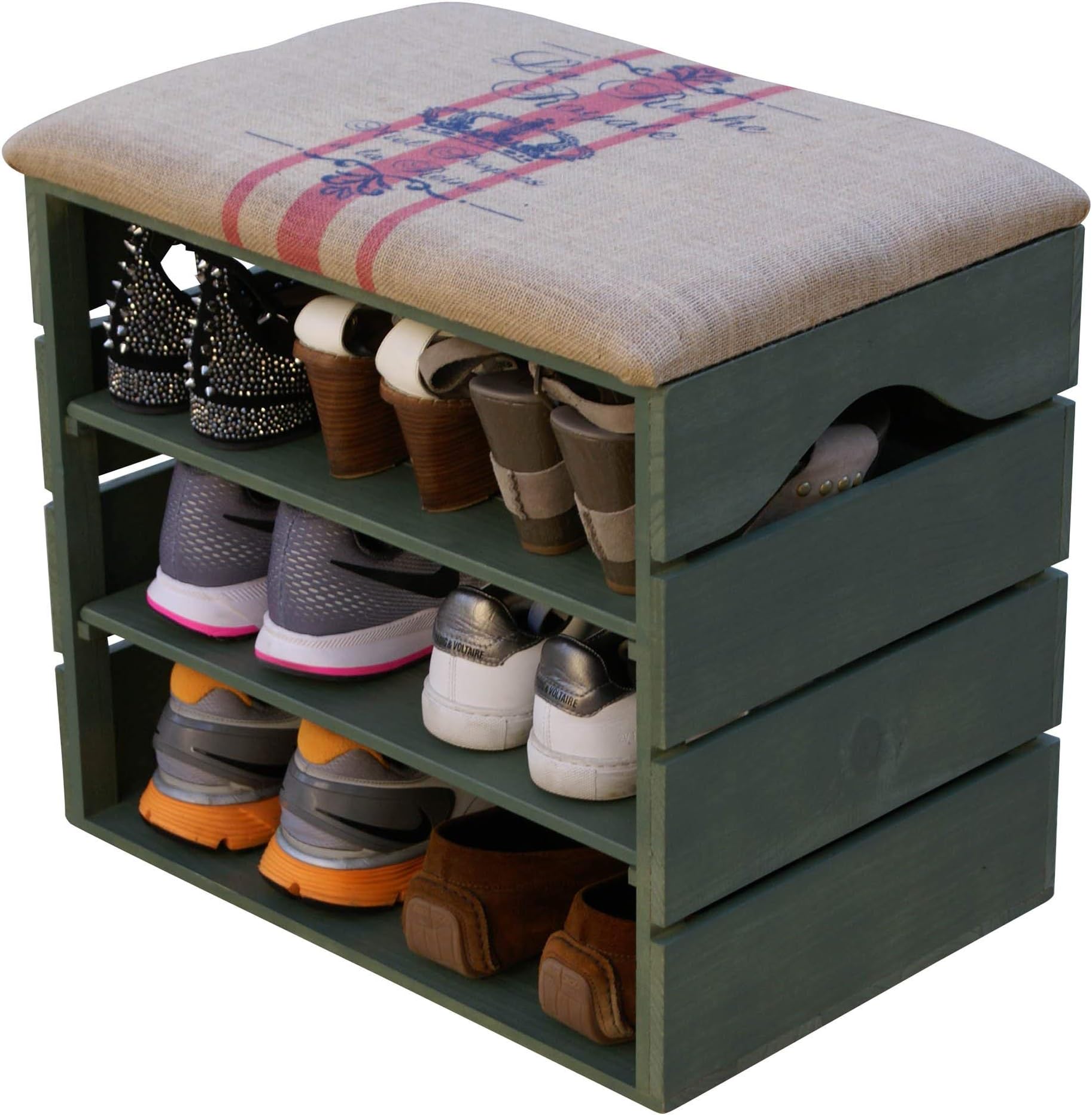 LIZA SHOE RACK (KHAKI) - Premium Vintage Wooden Shoes Bench, Organiser, Storage, Cabinet, Holder Bench with Soft Seat Cushion for Entryway, Hallway. Solid Nordic Wood. 51 x 47 x 35 cm (Red Stripes)