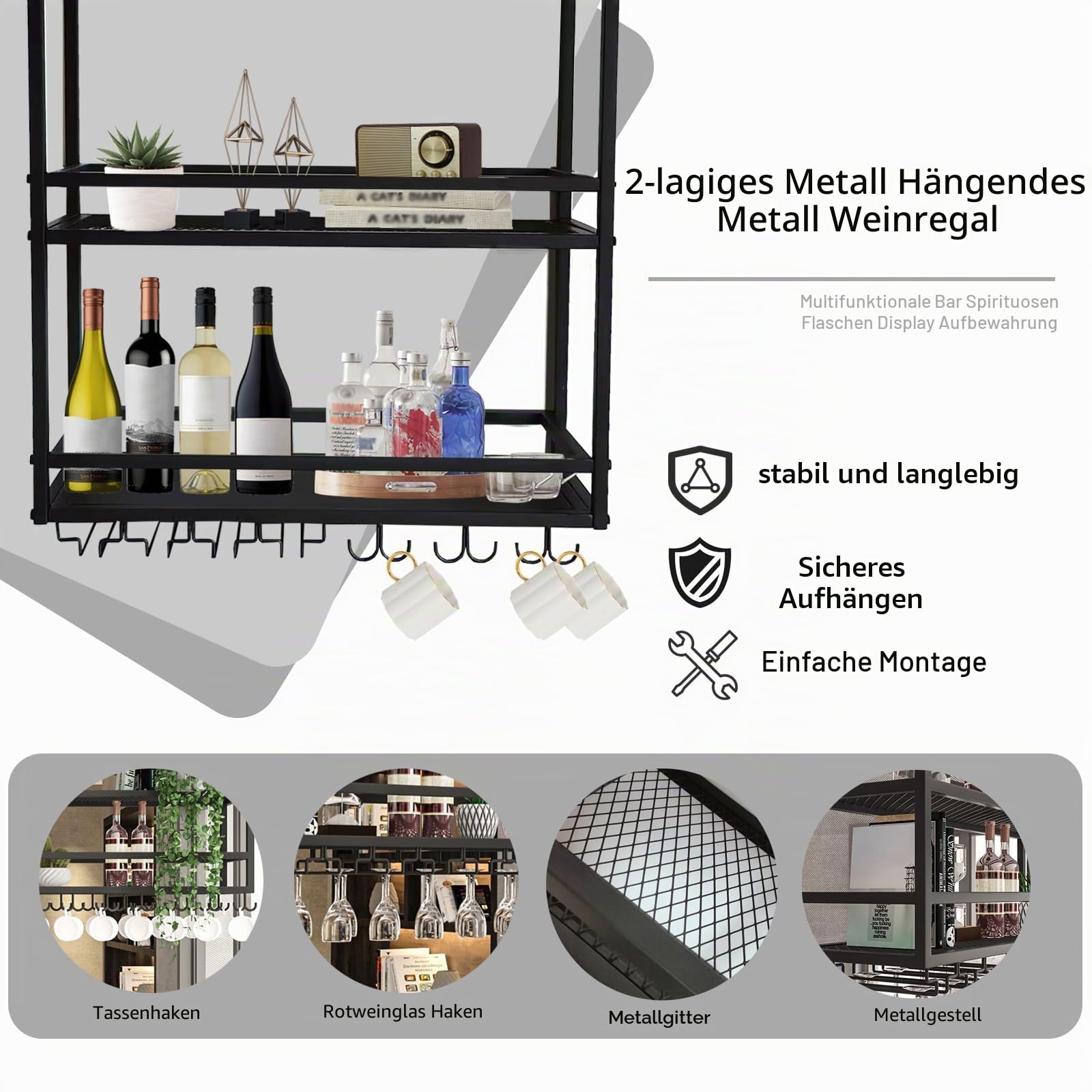 Deckenregal Weinregal, Hängend Metall Weinflaschenhalter, 2-Lagiger Wandmontage Wine Display-Ständer, Decke Dekoration Regal für Bars, Restaurants, Küchen (Gold, 80CM)