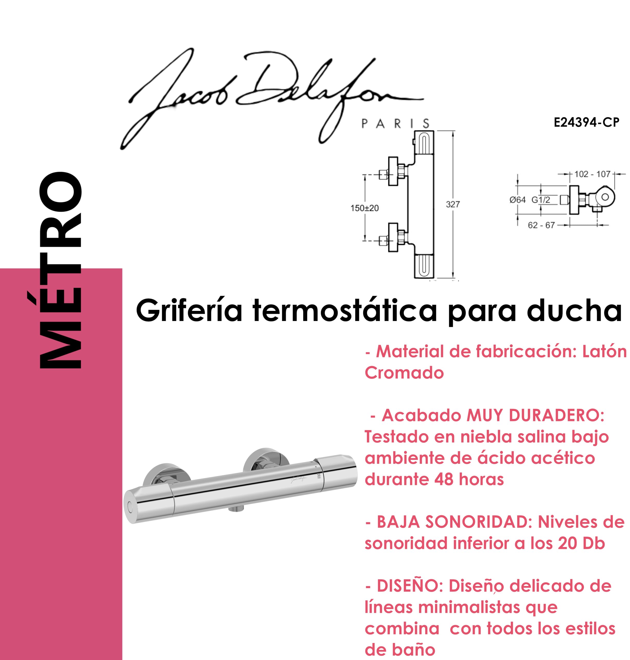 JACOB DELAFON Grifo Termostático de Ducha Grifería Monomando Termostática Mural con Limitador de Caudal Sensitivo Ahorro de Agua Máxima Seguridad Latón Cromado MÉTRO E24394-CP