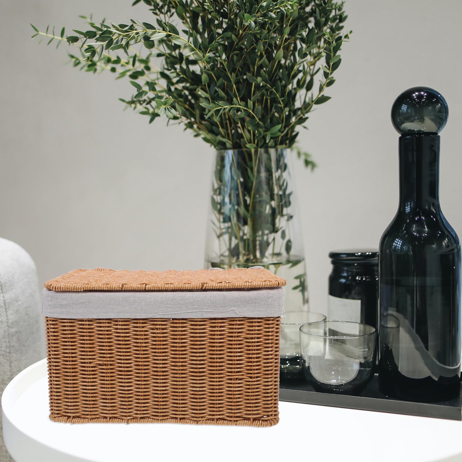 Homoyoyo Cesta de Almacenamiento Tejida Mano con Tapa Organizador de Mimbre con Asas y Forro para Dormitorio Lavandería y Cocina