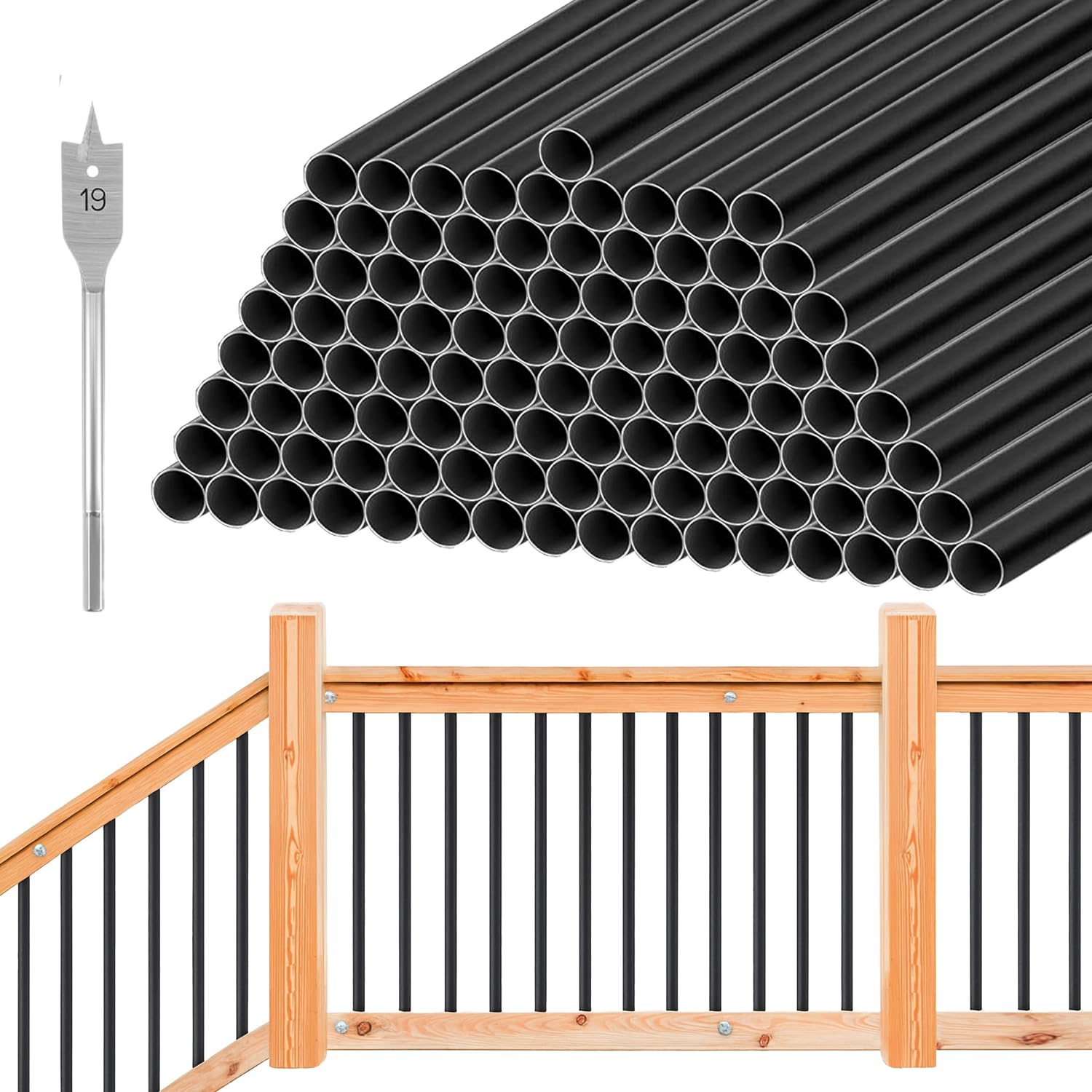101 Pack 26" x 3/4" Round Aluminum Deck Balusters with Installation Tool, Black Powder-Coated Rust-Resistant Metal Spindles for Deck, Porch & Stair Railing