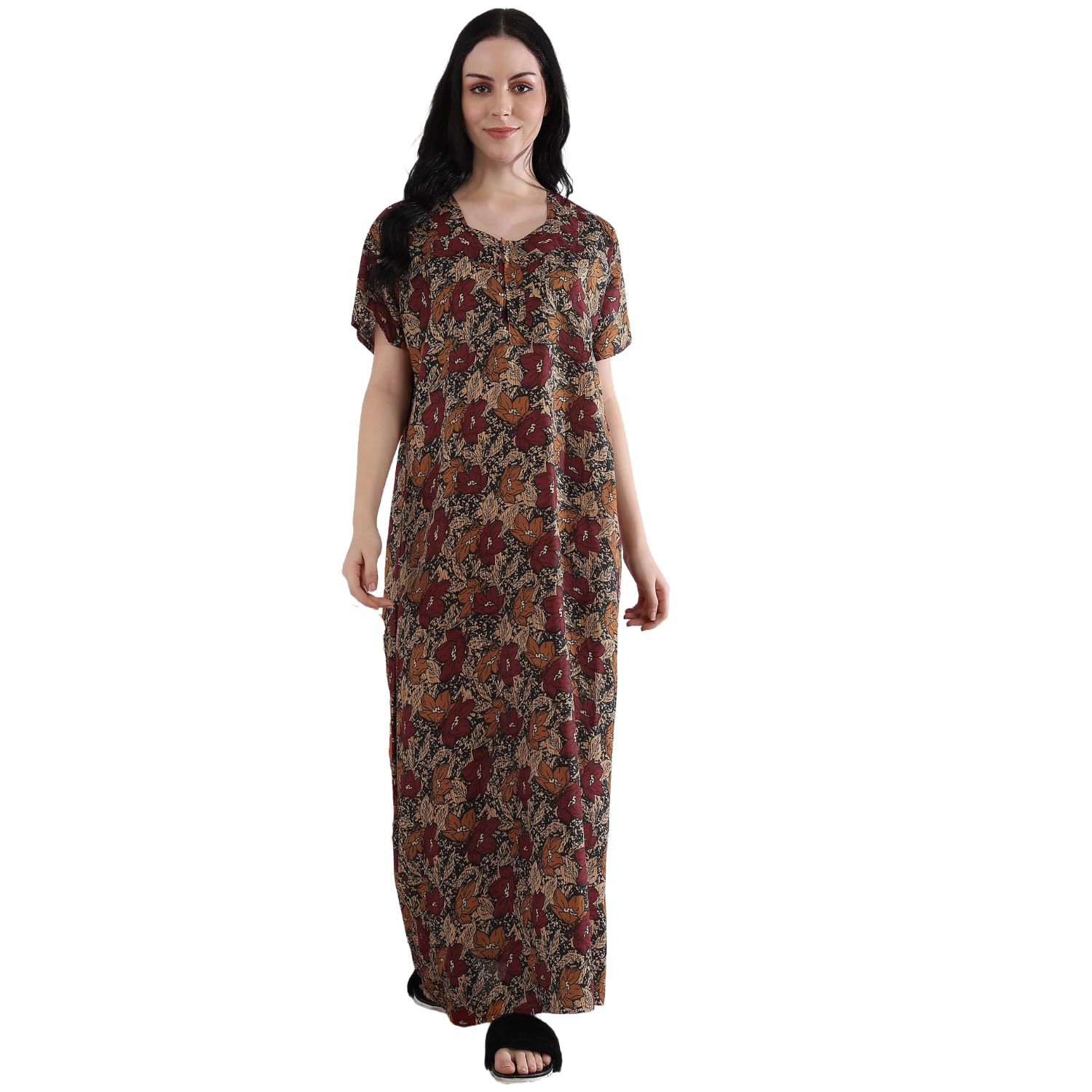 Women's Floral Print Maxi Nighty, Short Sleeve, Round Neck, Brown & Maroon, Cotton Blend, Full Length Casual Lounge Use-picture-35