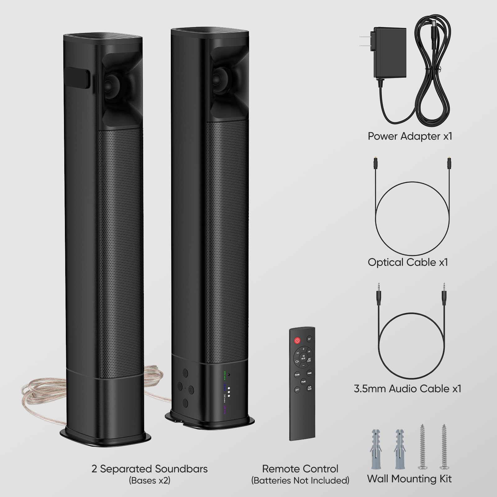 Sound Bar for Smart TV, 80W Soundbar with Four Woofers, Dual Horn Tweeters, 2.0 Channel TV Speaker, 2 in 1 Detachable Design, BT/ARC/AUX/Optical Connection, Surround Sound System for TV