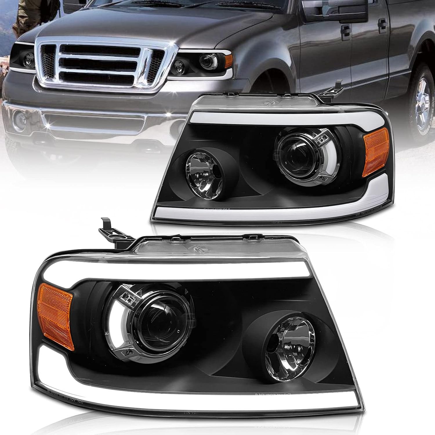 04-08 F150 Pickup Headlight Assembly w/LED Bar Projector for 04-08 Ford F150/06-08 Lincoln Mark LT Black Housing with Amber Reflector Headlamp Replacement LH+RH（W/O Bulbs）