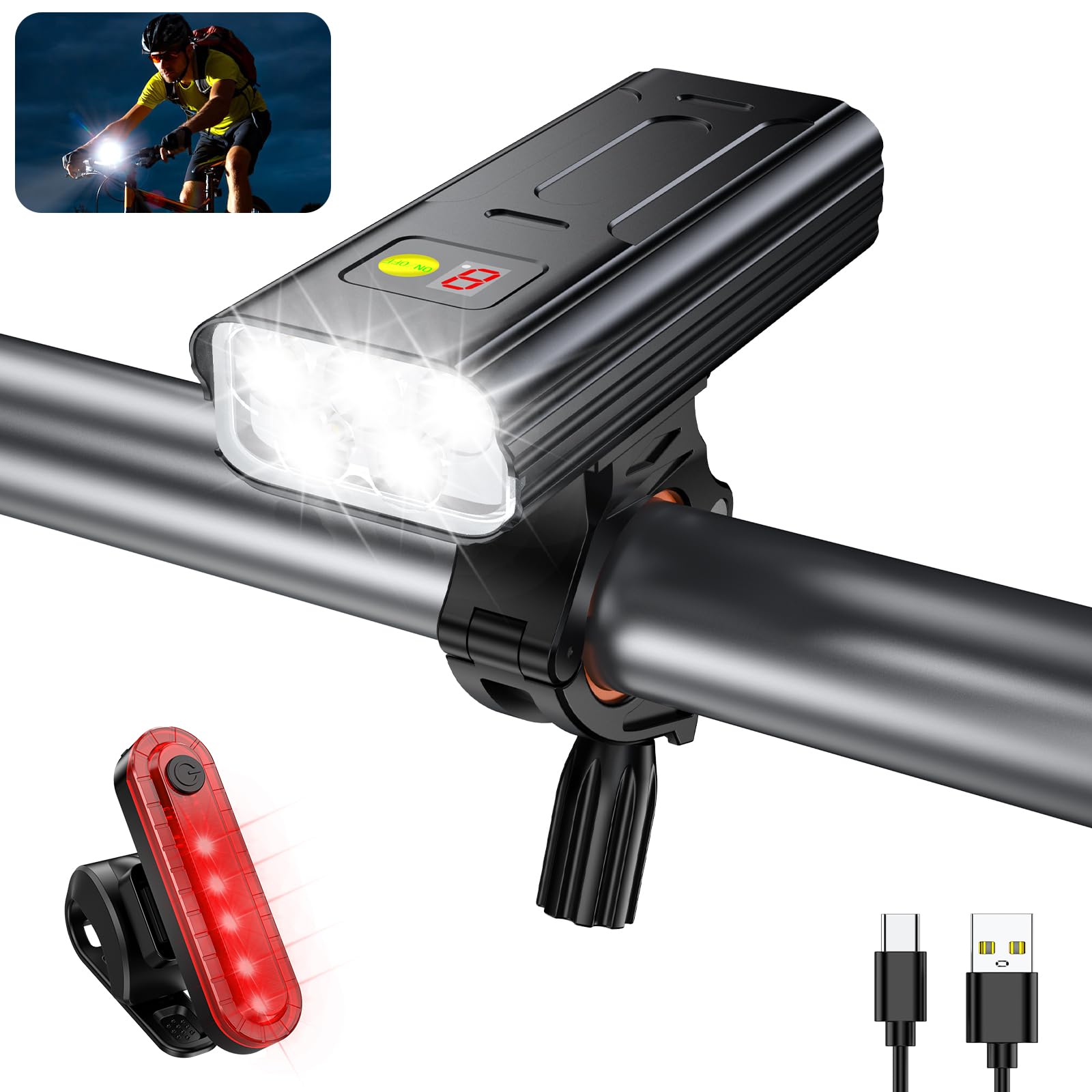 Fanale LED USB Luce Bici Ricaricabile USB - LED Super Luminosa, Impermeabile, Facile Montaggio, Per Guida Notturna Accessori Sicurezza Ciclisti - Foto 13