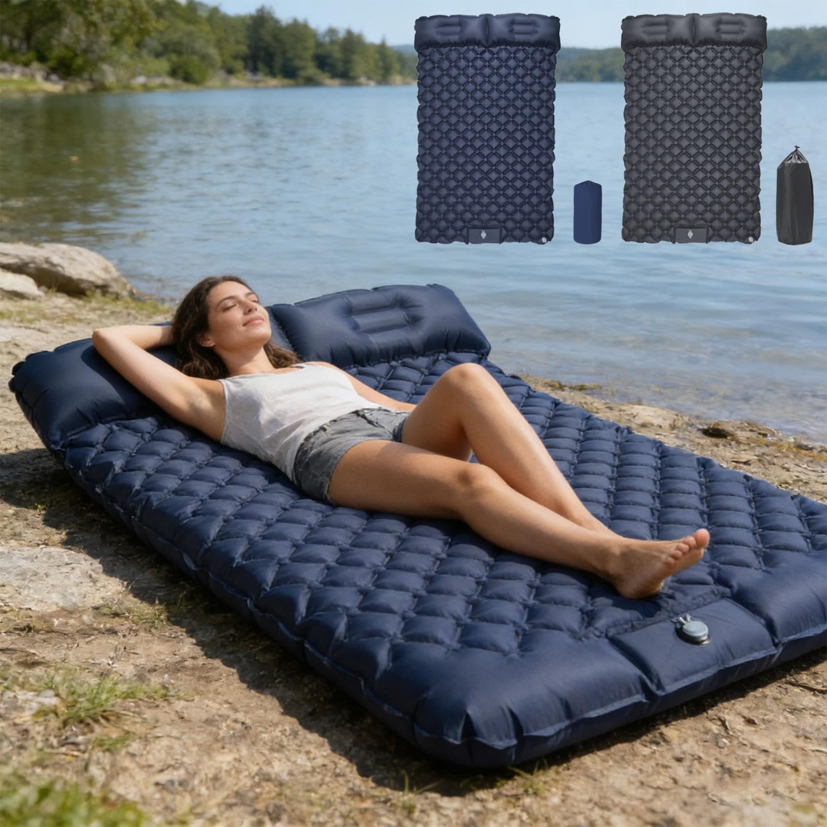 Générique Matelas Camping 2 Personnes - 180x120x14cm - Pliable Ultra Léger Tapis De Sol Camping Élargi et Épaissi - Pneumatique avec Pompe à Air à Pédale - Idéal pour pour Tente Trekking Plage (Gris)