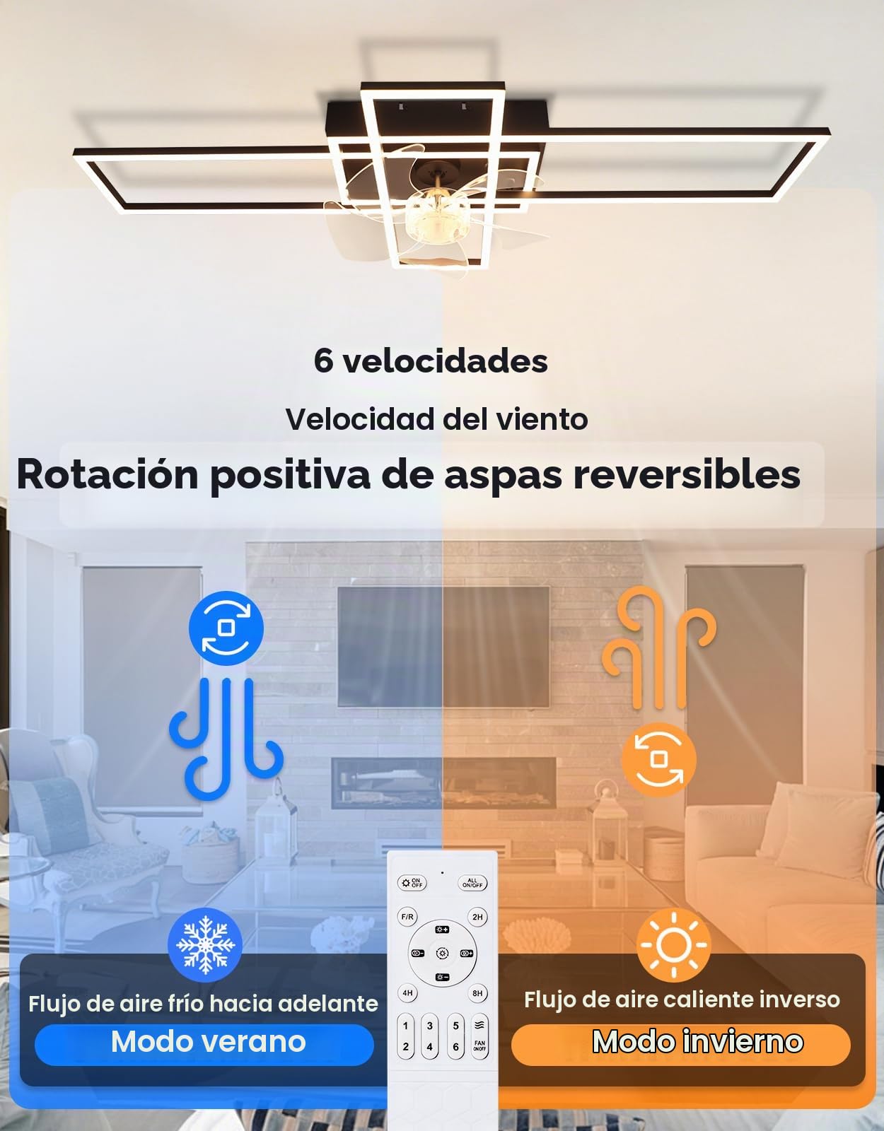 Homefire Lámpara de techo moderna con ventilador de 94cm - Ventilador de | techo con luz, 6 velocidades, LED, regulable, con mando a distancia y temporizador para salón, comedor y dormitorio