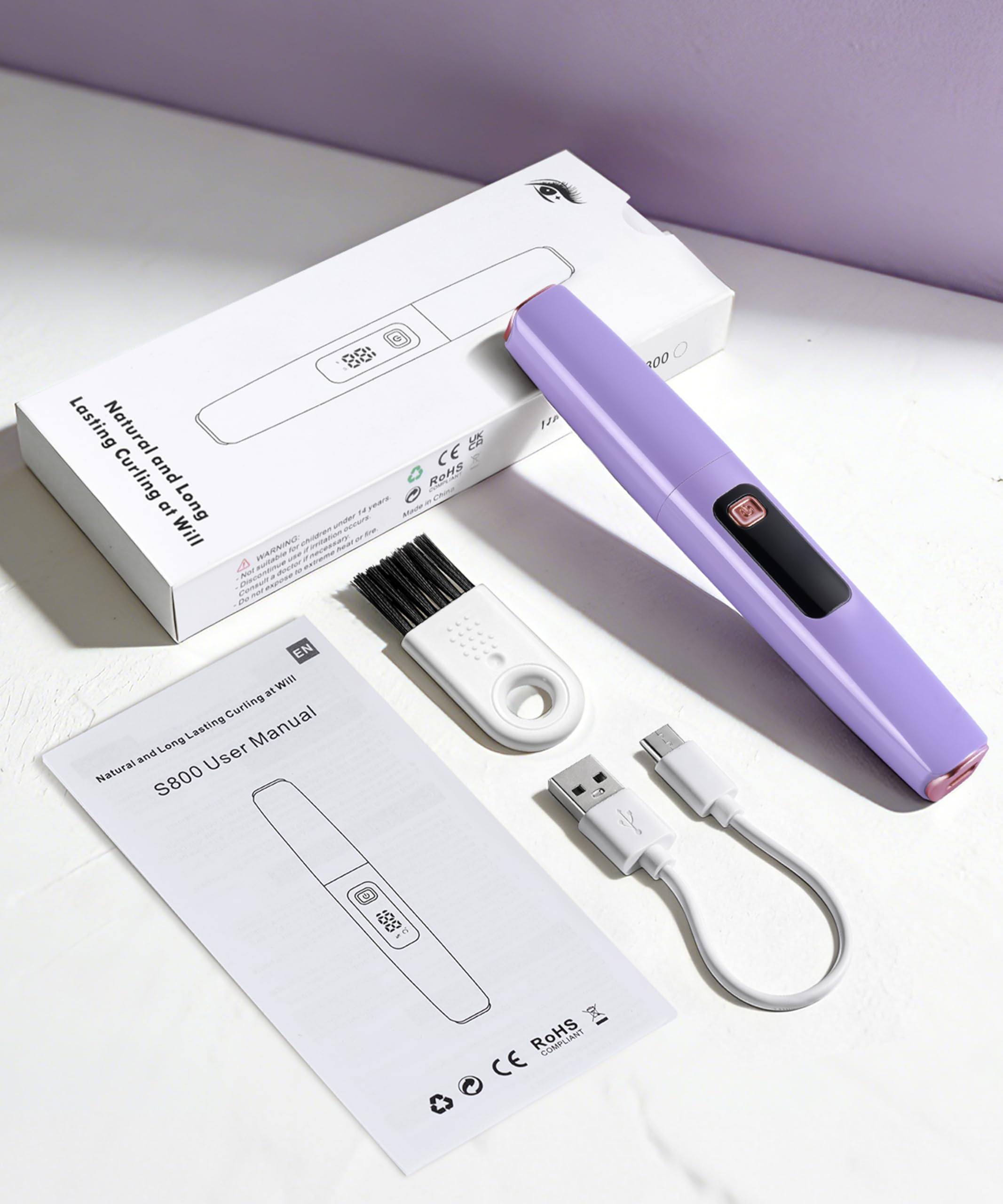 Recourbe-Cils Chauffant S800, LED, 6 Niv, USB-C, Violet/Or Rose | Obtenez une courbure parfaite et durable en 10s grâce à ce recourbe-cils chauffant à 6 températures et rechargeable USB-C.