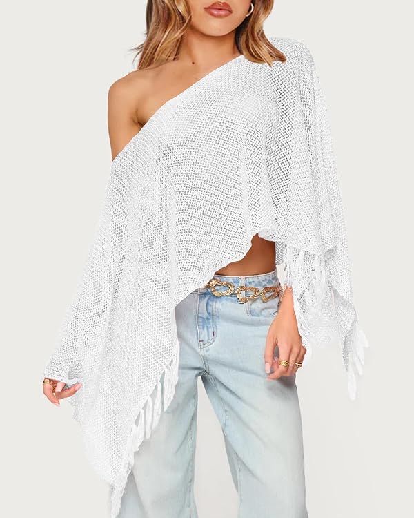 RPYHF Womens Sheer Knit Fringe Poncho Top Light Crochet Sequin Poncho Shawl by RPYHF - Used condition - Image 2
