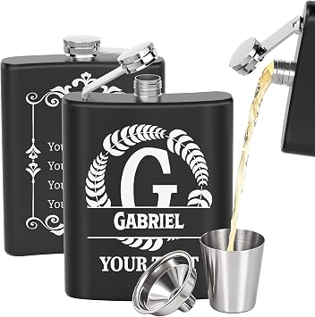 Custom Engraved Flask 7oz 304 Stainless Steel with Funnel, Double-Sided Laser Engraving, Personalized Text Logo Image, Unisex, Ideal Birthday Gift & Fathers Day Gift for Him Black