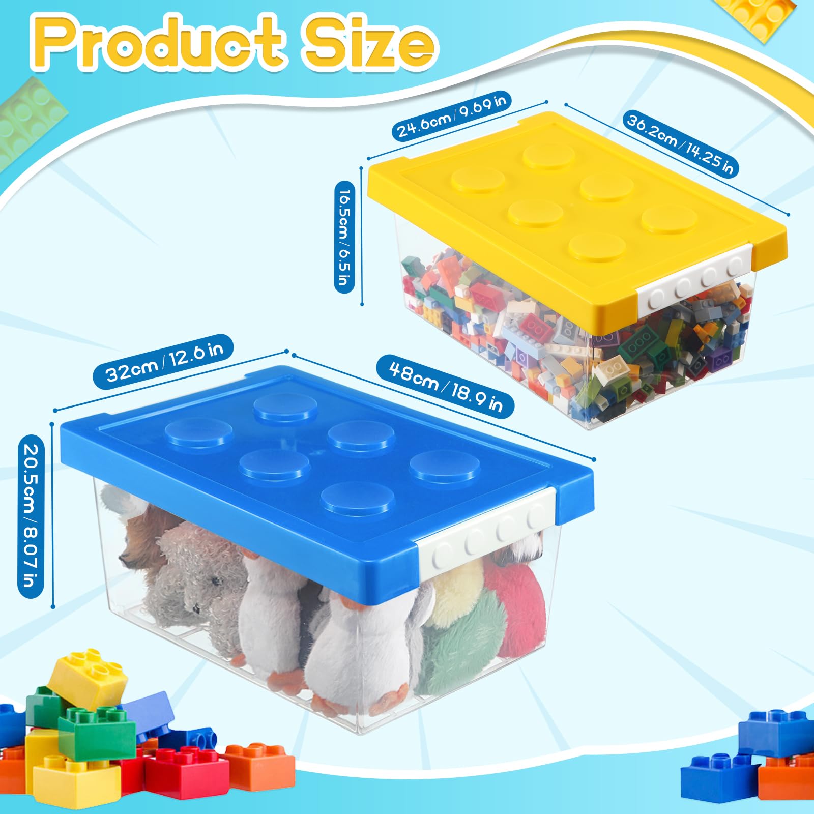 Vicenpal Aufbewahrungsbehälter für Bauspielzeug mit Deckel, Ziegelform, Kinderspielzeug, Organizer, Boxen, Kunststoff, transparent, stapelbar, Spielzeugbehälter für Bausteinpuppen (Rot, Gelb, Blau