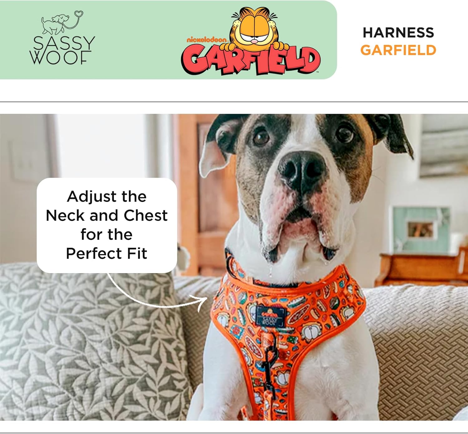 Dog Adjustable Harness - Garfield™ - XL, Breathable Mesh, No Pull Design with Two D-Rings, Patented Design, Ideal for Extra Large Dogs - Officially Licensed