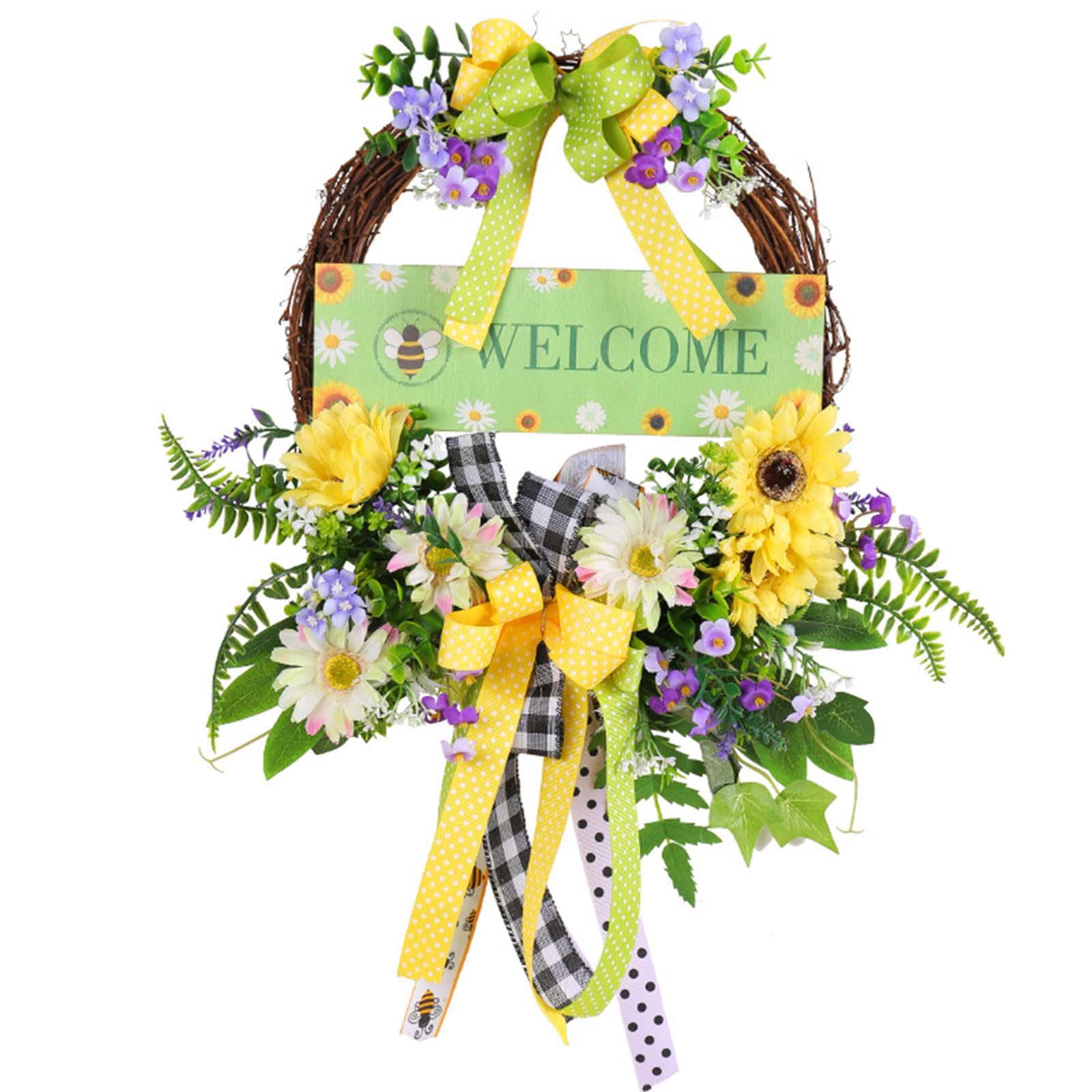 Kalttoy Wreath for Front Door with Welcome Sign, Spring Wall Window Farmhouse Porch Decoration Seasonal Decor Wreath with Welcome