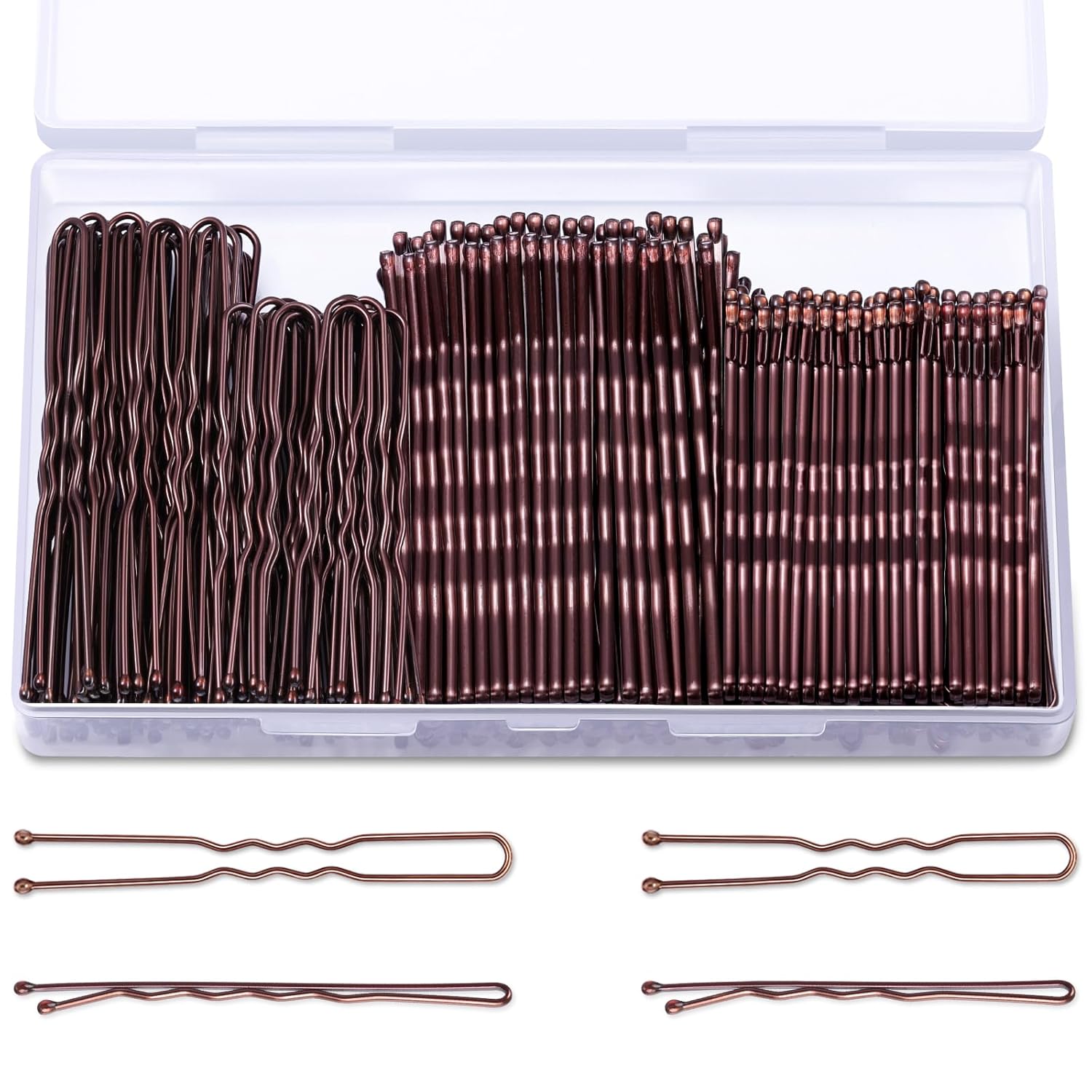 TsMADDTs 200pcs Brown U-Shaped Bobby Pins for Ballet Buns - 2in & 2.4in Hair Pins with Storage Box for Women & Girls