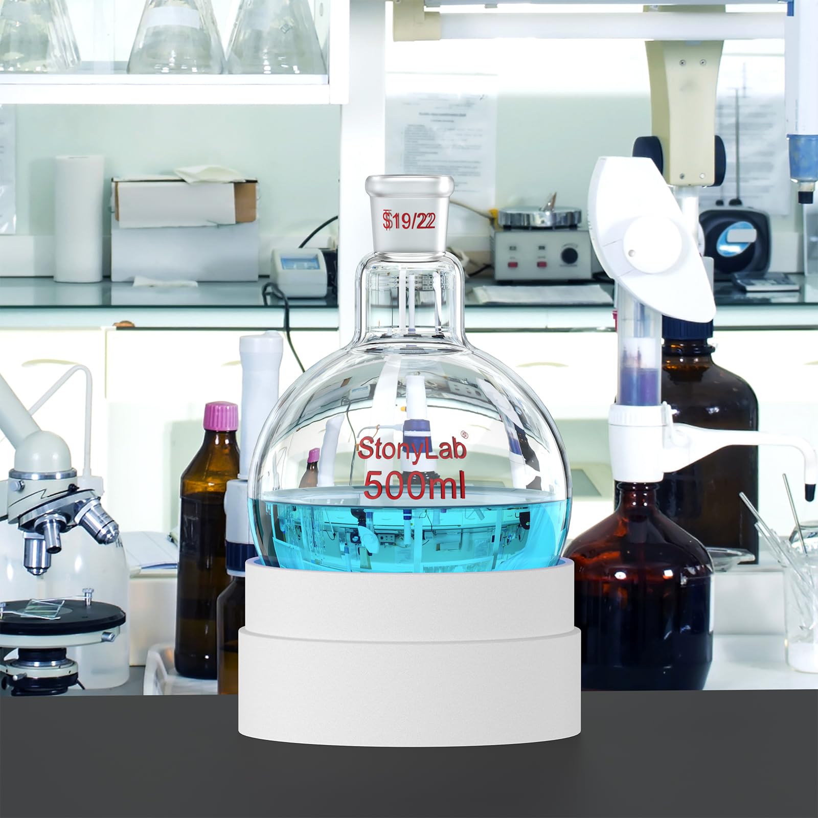 StonyLab Frasco RBF de borosilicato vidrio redondo, cuello redondo, 500mL, con junta exterior estándar 19/22-500ml
