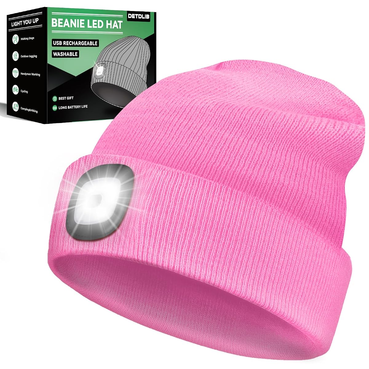 DETDLIB Christmas Gifts for Him, USB Rechargeable LED Headlamp Beanie, Stocking