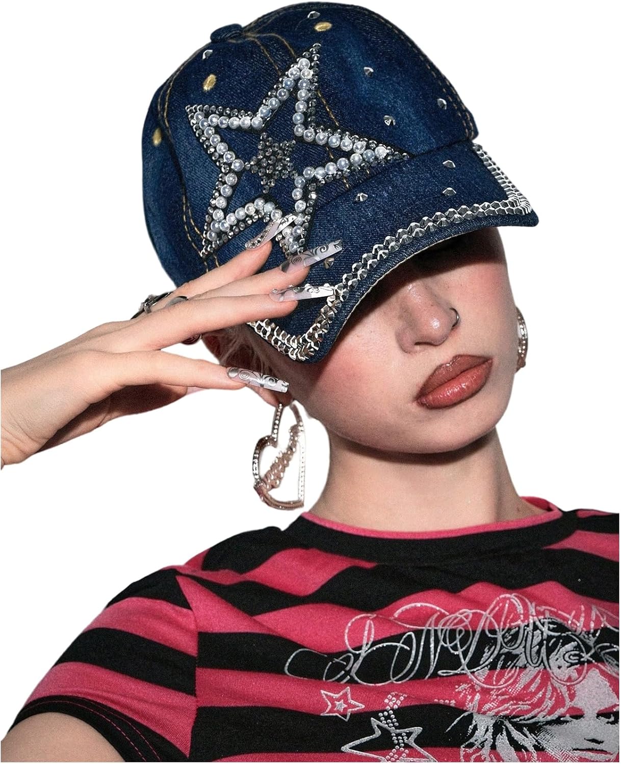 MakeMeChic Women's Y2K Denim Hat Rhinestone Curved Brim Caps