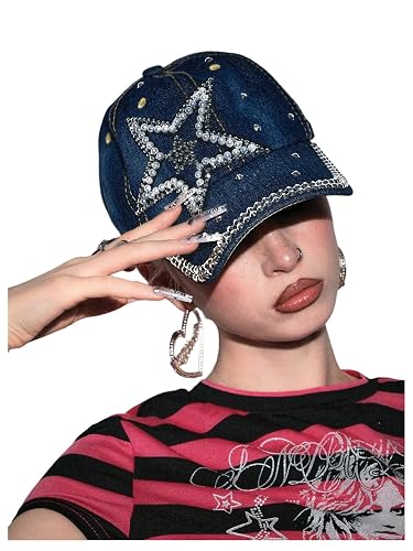 MakeMeChic Women's Summer Y2K Rhinestone Pearl Beaded Denim Hat Curved